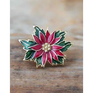 Vintage Gold Tone Poinsettia Christmas Brooch – Red & Green Enamel Holiday Pin